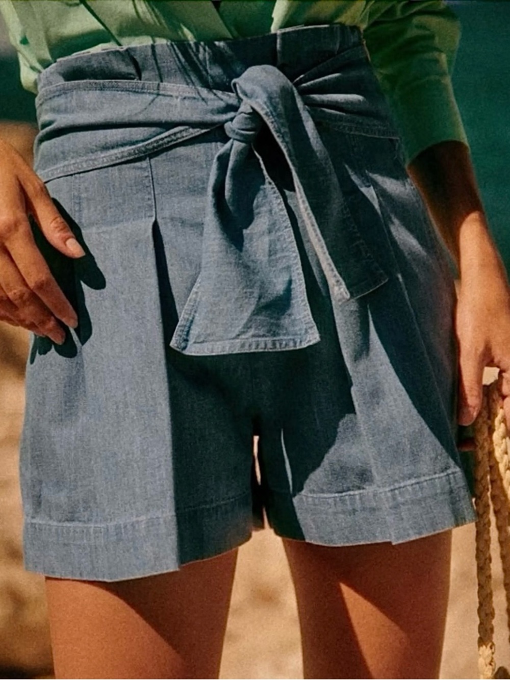 Sézane Light Blue High-Waist Tie-Belt Shorts